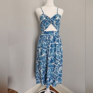 Blue White Leaf-Print Cutout Midi Dress S